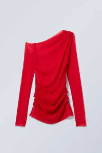 Transparent Drape Asymmetric Long Sleeve – Red
