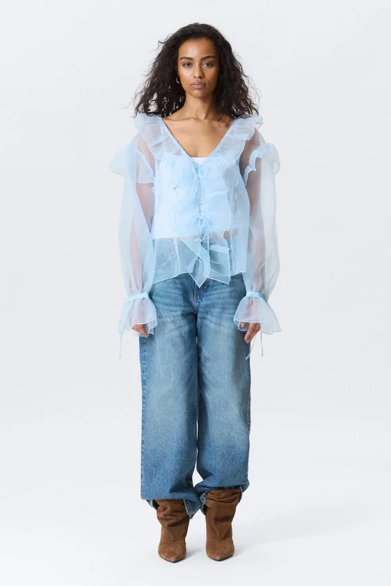 Transparent Frilled V-Neck Blouse – Light Blue Transparent Frilled V-Neck Blouse – Light Blue
