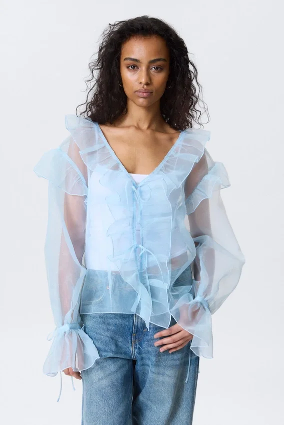 Transparent Frilled V-Neck Blouse – Light Blue Transparent Frilled V-Neck Blouse – Light Blue