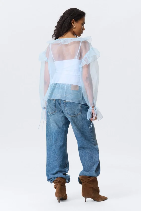 Transparent Frilled V-Neck Blouse – Light Blue Transparent Frilled V-Neck Blouse – Light Blue