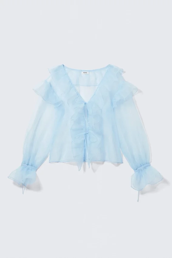 Transparent Frilled V-Neck Blouse – Light Blue Transparent Frilled V-Neck Blouse – Light Blue