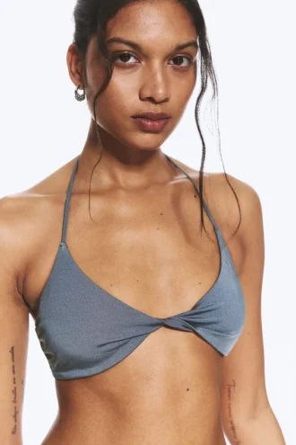 Turn Halter Bikini Top – Dusty Blue – Shimmer