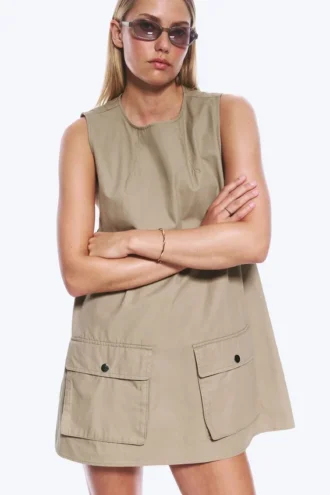 Utility Cotton Canvas Mini Pinafore Dress – Beige