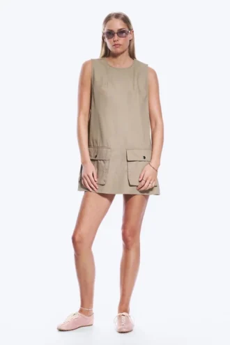 Utility Cotton Canvas Mini Pinafore Dress – Beige