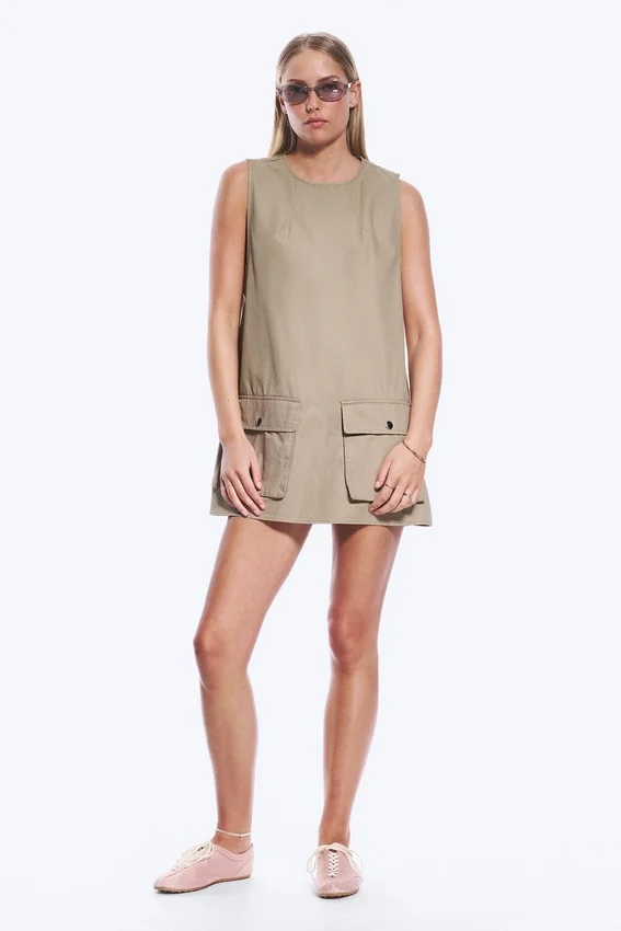 Utility Cotton Canvas Mini Pinafore Dress – Beige Utility Cotton Canvas Mini Pinafore Dress – Beige