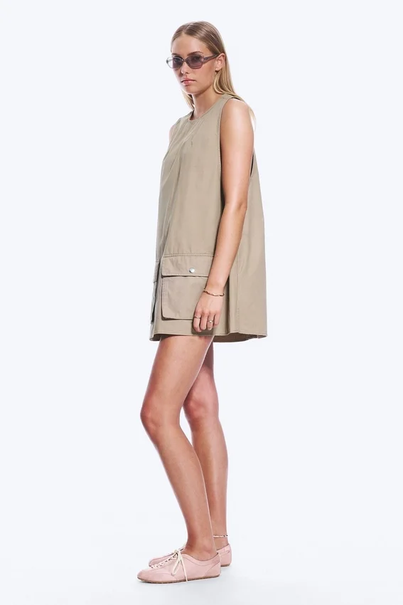 Utility Cotton Canvas Mini Pinafore Dress – Beige Utility Cotton Canvas Mini Pinafore Dress – Beige