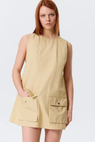 Utility Cotton Canvas Mini Pinafore Dress – Light Yellow