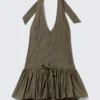 Utility Halterneck Mini Dress – Dark Khaki Green Utility Halterneck Mini Dress – Dark Khaki Green