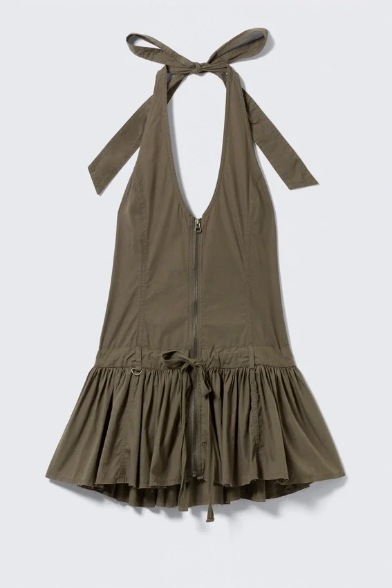 Utility Halterneck Mini Dress – Dark Khaki Green Utility Halterneck Mini Dress – Dark Khaki Green