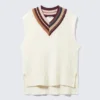 V-Neck Cable Knit Cotton Vest – White – Contrast Collar V-Neck Cable Knit Cotton Vest – White – Contrast Collar