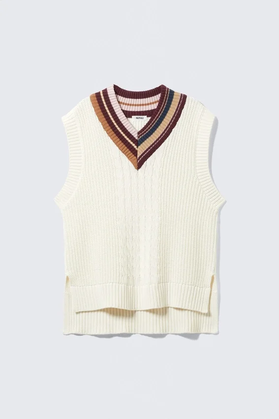 V-Neck Cable Knit Cotton Vest – White – Contrast Collar V-Neck Cable Knit Cotton Vest – White – Contrast Collar