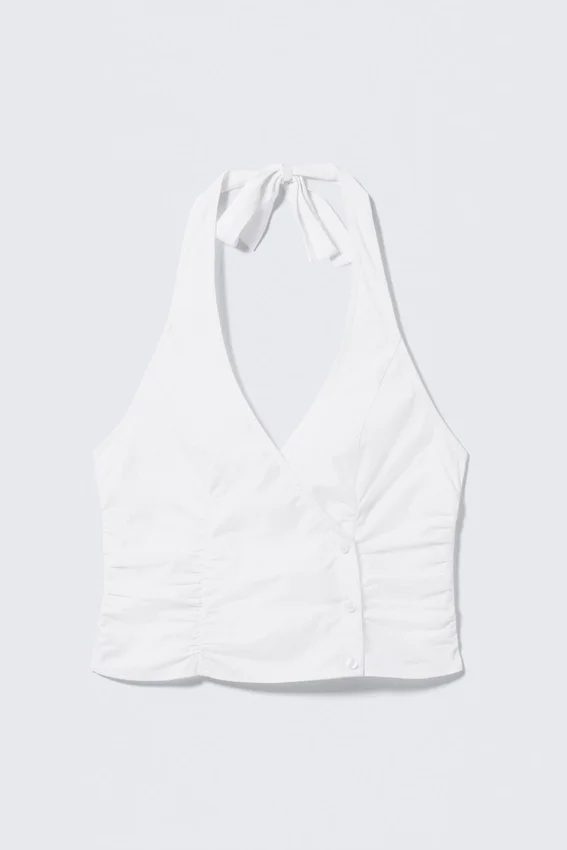 V-Neck Cotton Halter Top – White V-Neck Cotton Halter Top – White