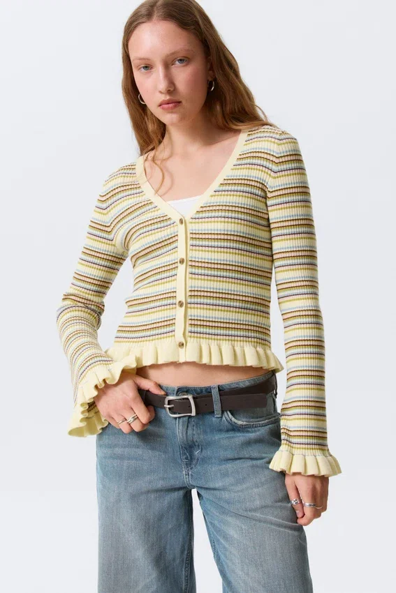 V-Neck Knitted Cardigan – Striped Light Yellow V-Neck Knitted Cardigan – Striped Light Yellow