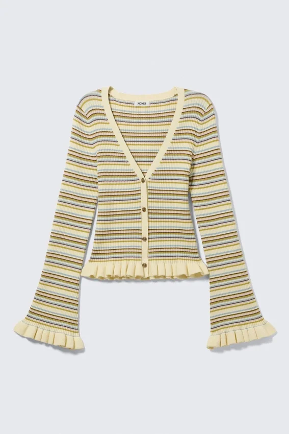 V-Neck Knitted Cardigan – Striped Light Yellow V-Neck Knitted Cardigan – Striped Light Yellow