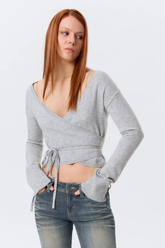 V-Neck Wrap Knit Cardigan – Grey Melange V-Neck Wrap Knit Cardigan – Grey Melange