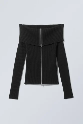 Vanna off Shoulder Zip Cardigan – Black