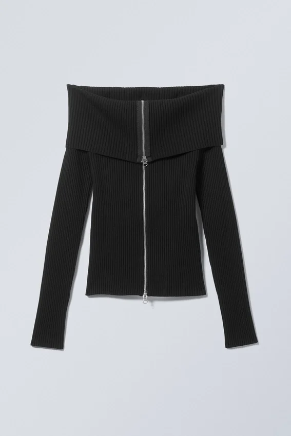 Vanna off Shoulder Zip Cardigan – Black Vanna off Shoulder Zip Cardigan – Black
