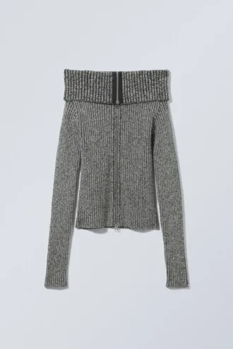 Vanna off Shoulder Zip Cardigan – Two-Tone Grey