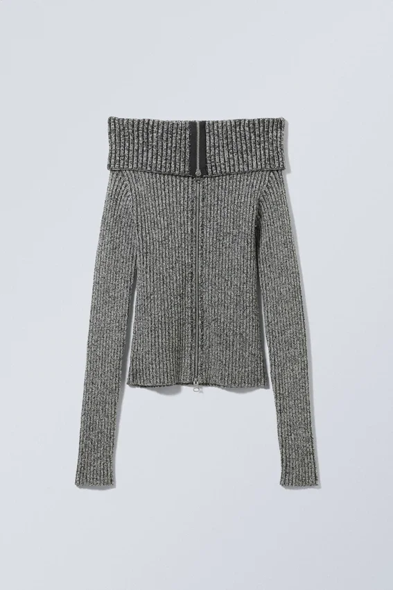 Vanna off Shoulder Zip Cardigan – Two-Tone Grey Vanna off Shoulder Zip Cardigan – Two-Tone Grey
