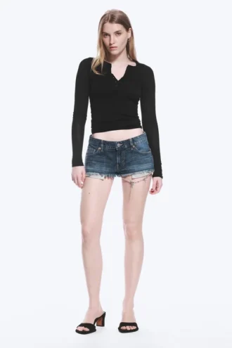 Venus Frayed Low Rise Denim Hotpants – Blue Hymn – Medium Blue