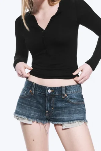 Venus Frayed Low Rise Denim Hotpants – Blue Hymn – Medium Blue