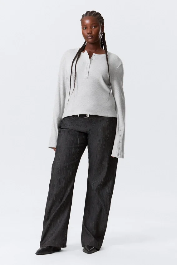 Waffled Long-Sleeved Henley Top – Grey Melange Waffled Long-Sleeved Henley Top – Grey Melange