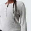 Waffled Long-Sleeved Henley Top – Grey Melange Waffled Long-Sleeved Henley Top – Grey Melange