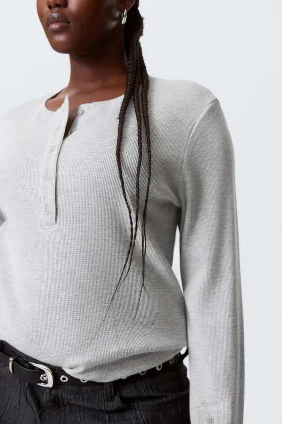 Waffled Long-Sleeved Henley Top – Grey Melange Waffled Long-Sleeved Henley Top – Grey Melange