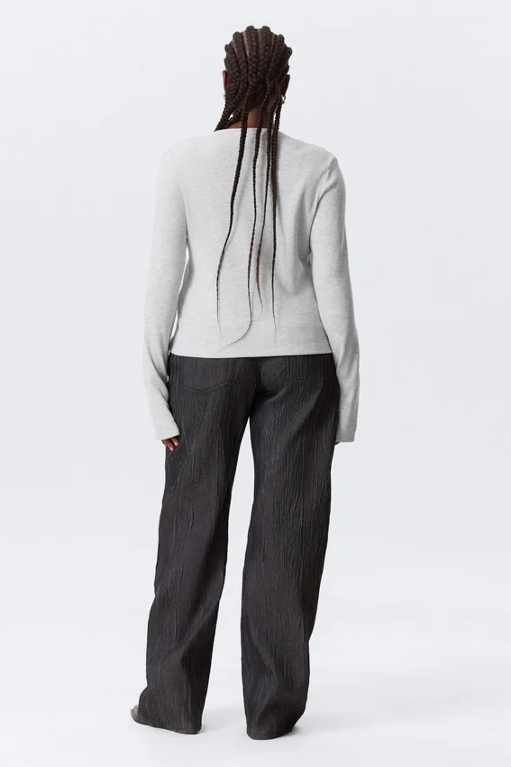 Waffled Long-Sleeved Henley Top – Grey Melange Waffled Long-Sleeved Henley Top – Grey Melange