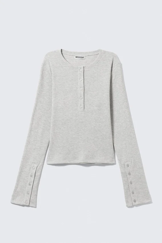 Waffled Long-Sleeved Henley Top – Grey Melange Waffled Long-Sleeved Henley Top – Grey Melange