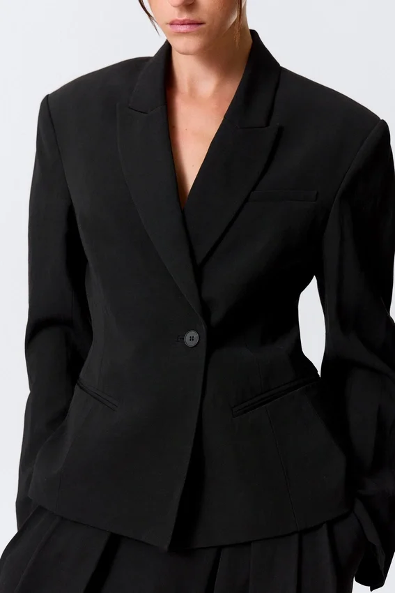 Waisted Linen-Blend Blazer – Black Waisted Linen-Blend Blazer – Black