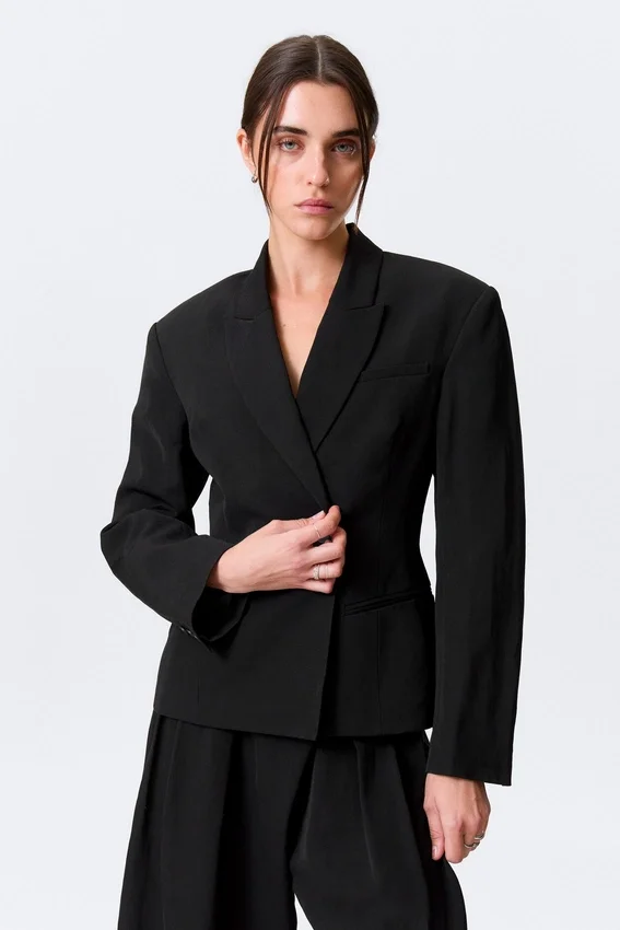 Waisted Linen-Blend Blazer – Black Waisted Linen-Blend Blazer – Black