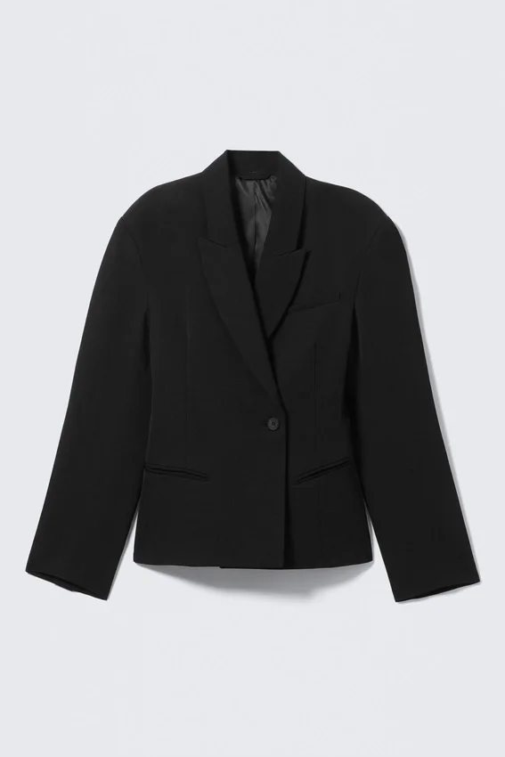 Waisted Linen-Blend Blazer – Black Waisted Linen-Blend Blazer – Black