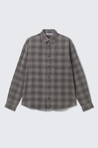 Washed Checked Button-Down Flannel Shirt – Checked Washed Grey