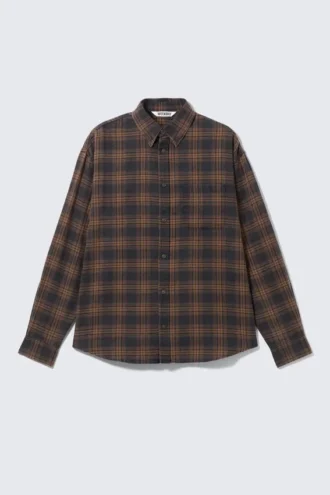 Washed Checked Button-Down Flannel Shirt – Checked Washed Navy/Orange