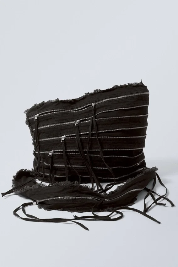 Washed Denim Multi Zip Bag – Black Washed Denim Multi Zip Bag – Black