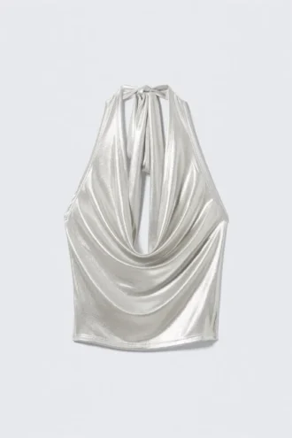 Waterfall Drape Halterneck Top – Glossy Beige