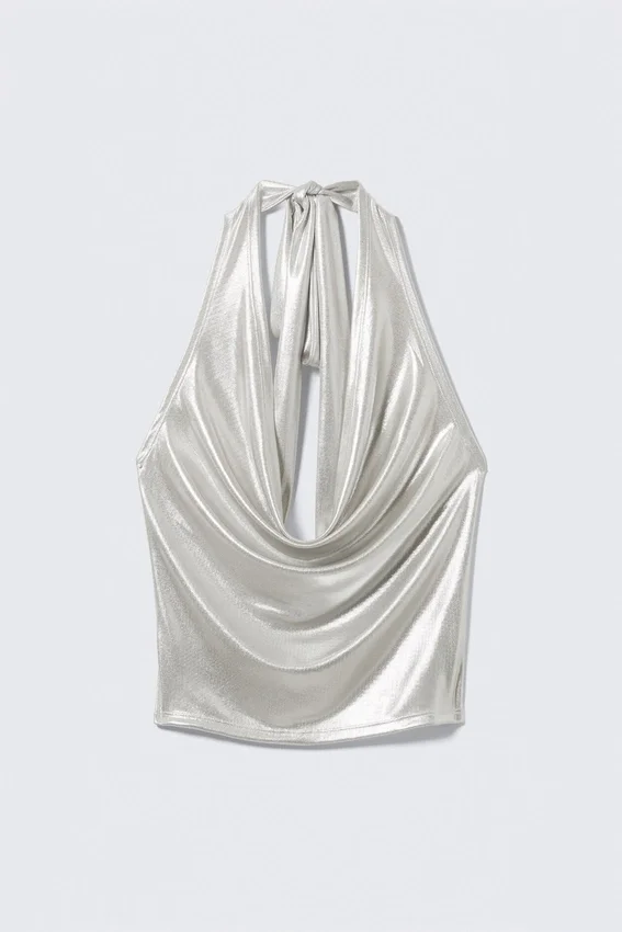 Waterfall Drape Halterneck Top – Glossy Beige Waterfall Drape Halterneck Top – Glossy Beige