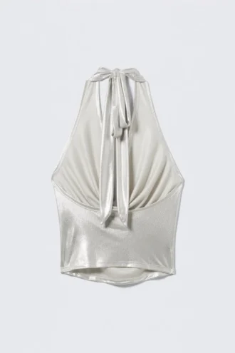 Waterfall Drape Halterneck Top – Glossy Beige