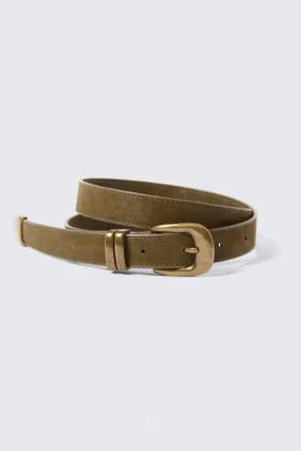 Western Faux Leather Belt – Dark Khaki Green – Golden