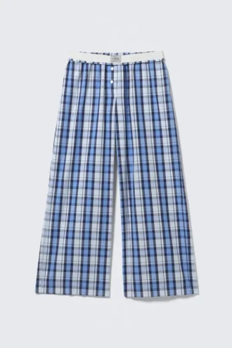 Wide-Leg Cotton Twill Trousers – Blue Check