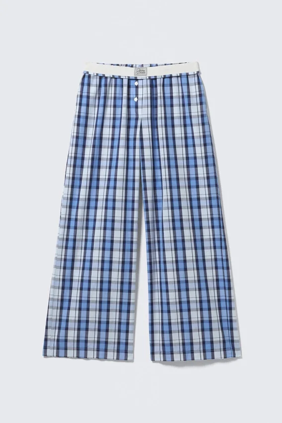 Wide-Leg Cotton Twill Trousers – Blue Check Wide-Leg Cotton Twill Trousers – Blue Check