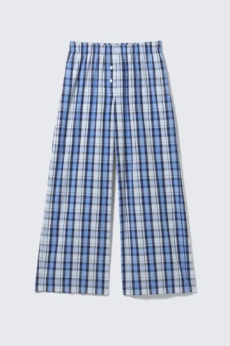 Wide-Leg Cotton Twill Trousers – Blue Check