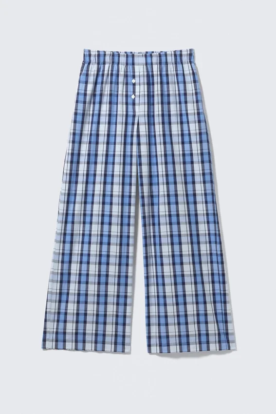 Wide-Leg Cotton Twill Trousers – Blue Check Wide-Leg Cotton Twill Trousers – Blue Check