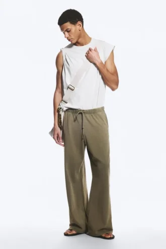 Wide Lounge Cotton Trousers – Dusty Khaki Green