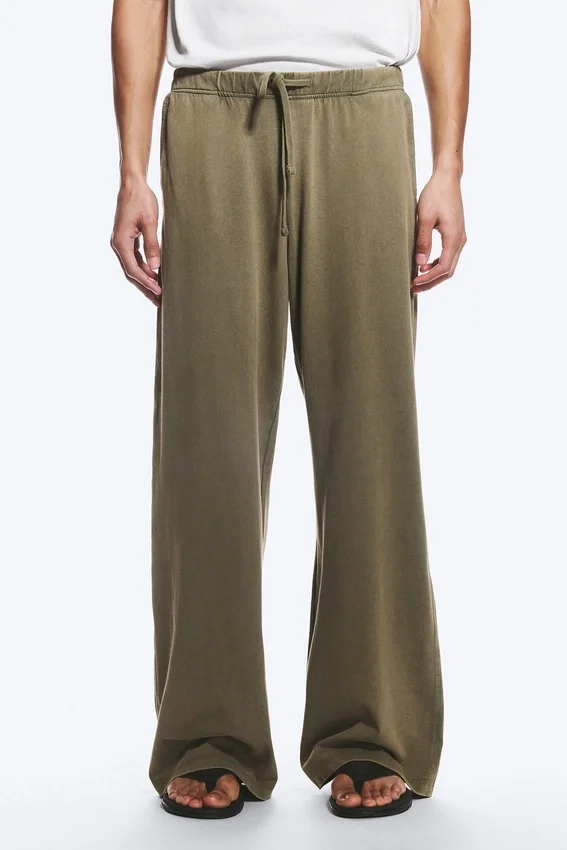 Wide Lounge Cotton Trousers – Dusty Khaki Green Wide Lounge Cotton Trousers – Dusty Khaki Green