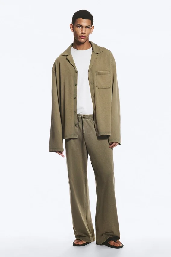 Wide Lounge Cotton Trousers – Dusty Khaki Green Wide Lounge Cotton Trousers – Dusty Khaki Green