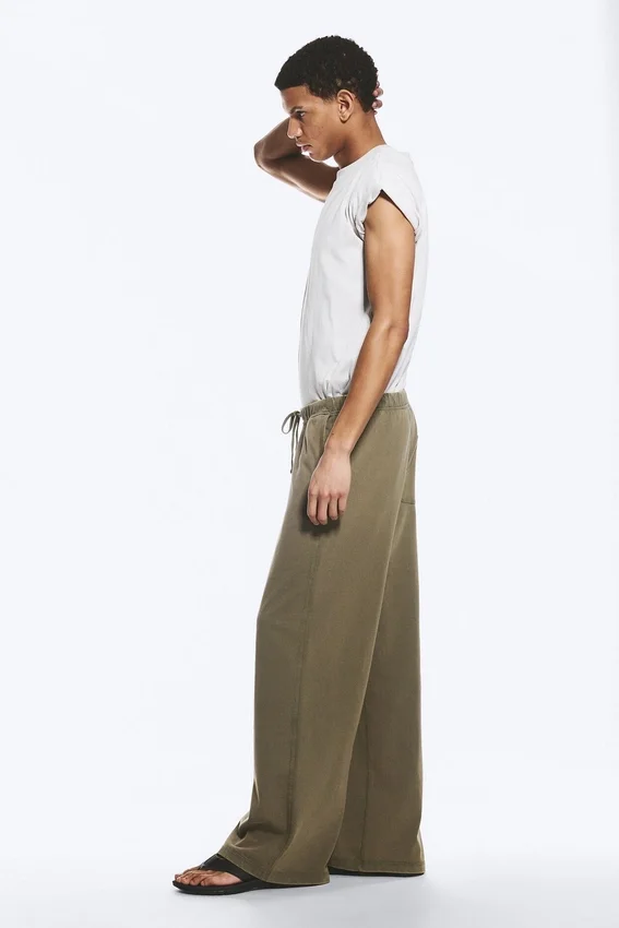 Wide Lounge Cotton Trousers – Dusty Khaki Green Wide Lounge Cotton Trousers – Dusty Khaki Green