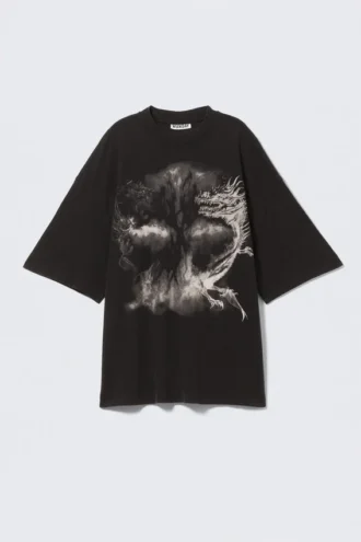 Wide Oversized Printed T-Shirt – Black – Dragon