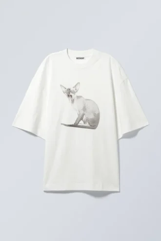 Wide Oversized Printed T-Shirt – White – Sphynx Cat